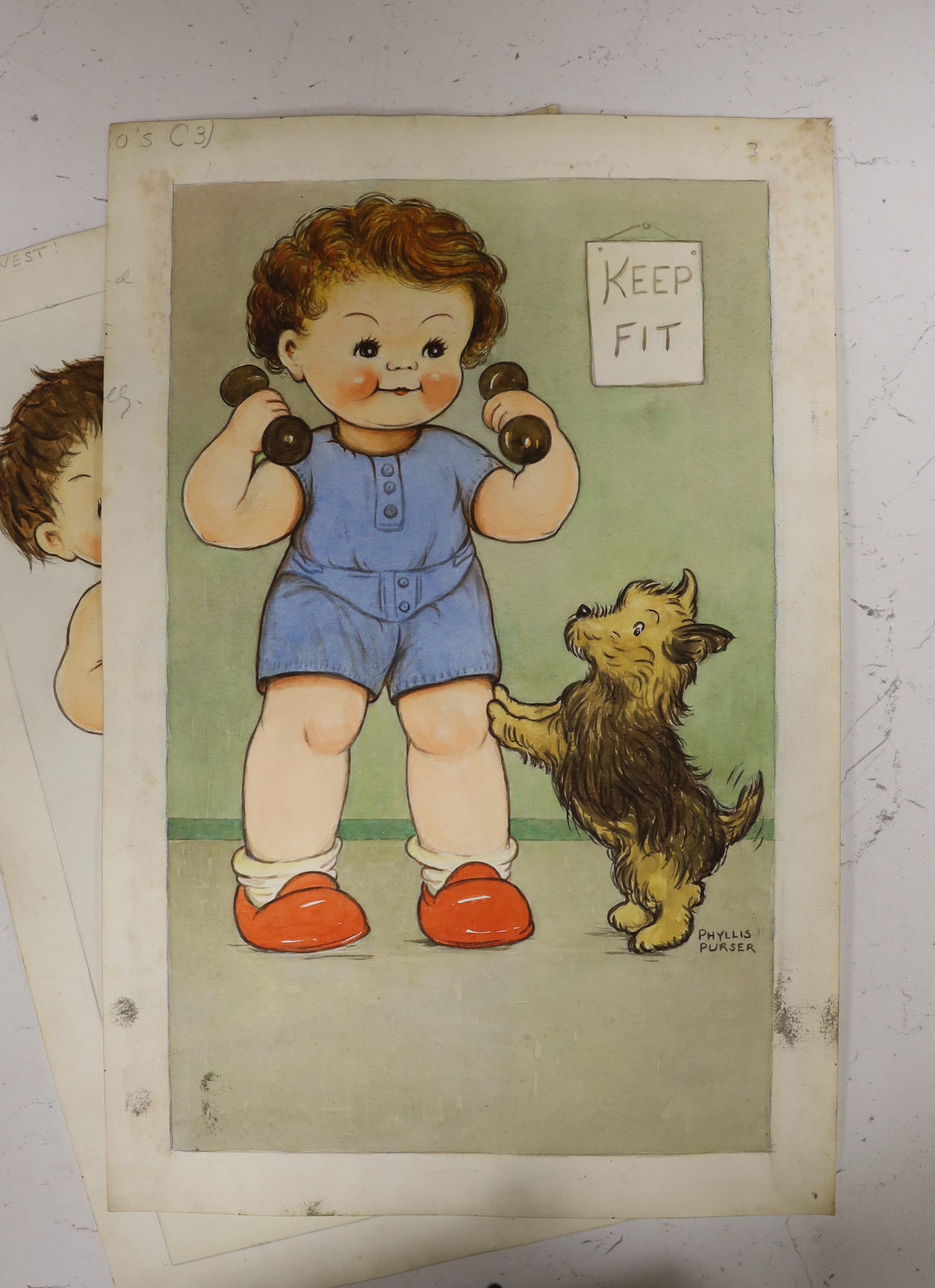 Phyllis Purser (1893-1990), set of six 1940/50’s original watercolour postcard designs, Humorous children, ‘Keep Fit Series’, each signed, 33 x 22cm, unframed (6)